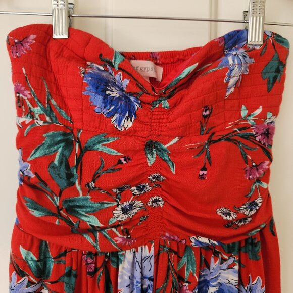 Band Of Gypsies BOG Collective Red Floral Strapless Jumpsuit Summer Boho Flowy - Picture 4 of 13